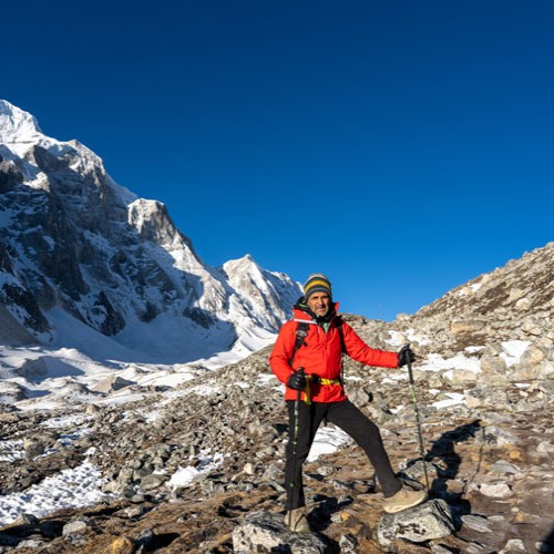 Older trekkers walking on the Manaslu Circuit Trek in Nepal
