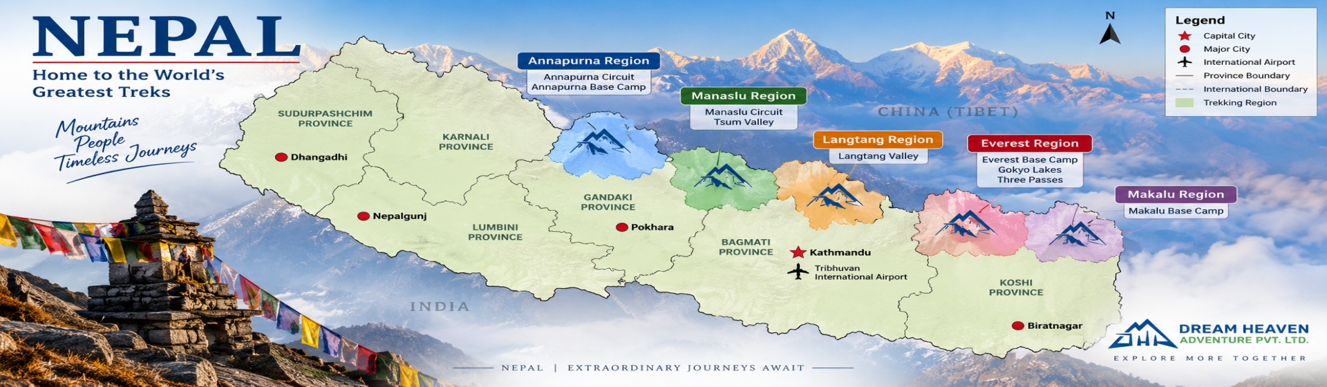 Map of Nepal trekking regions including Everest, Manaslu, Langtang and Annapurna