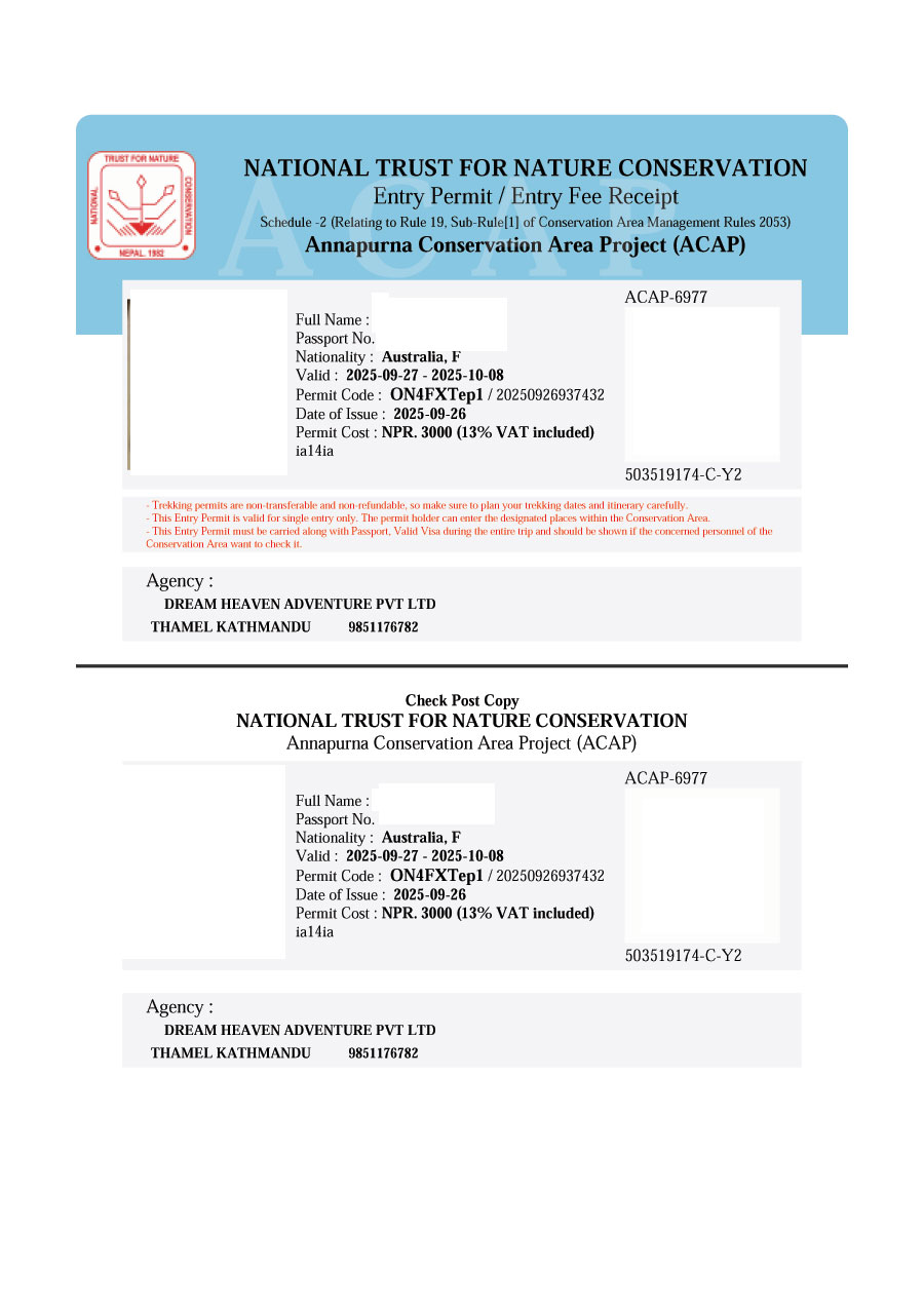 Annapurna Conservation Area Permit (ACAP) for Annapurna Circuit Trek