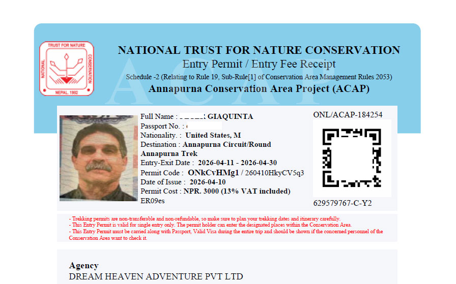 Annapurna Circuit Trek permit used for trekking in the Annapurna Conservation Area