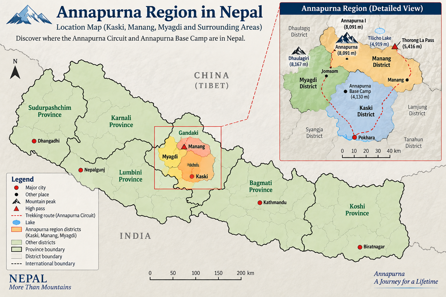 Map showing the Annapurna trekking region in Nepal