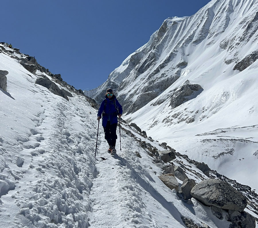 Descending from Larkya La Pass toward Bimthang on the Manaslu Circuit Trek