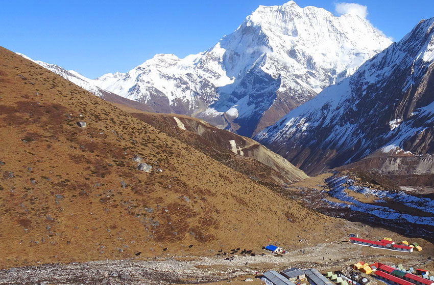 Dharmasala (Larkya Phedi), the final overnight stop before crossing Larkya La Pass in Nepal