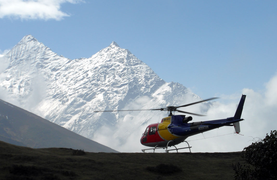 Helicopter return from Everest Base Camp trek with Himalayan mountain views
