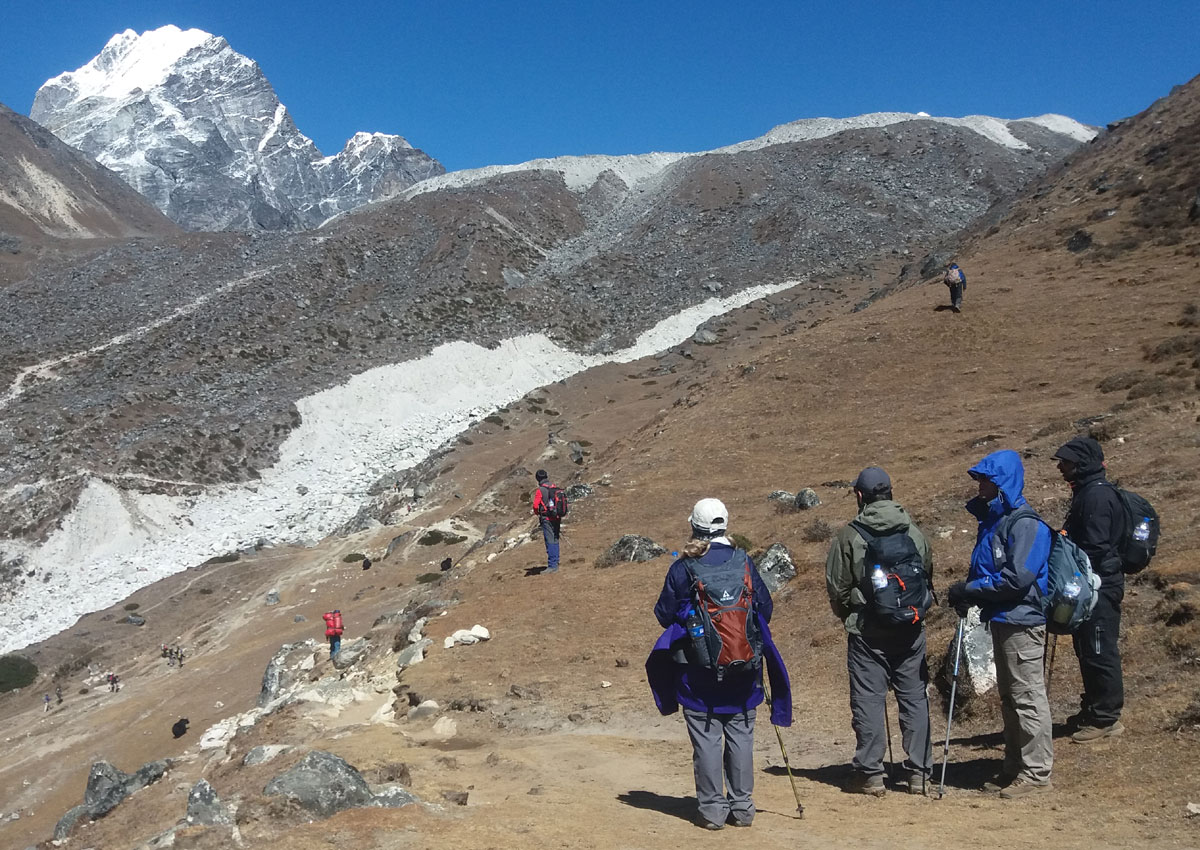 First panoramic view of Mount Everest above Namche Bazaar on the Everest Base Camp Trek