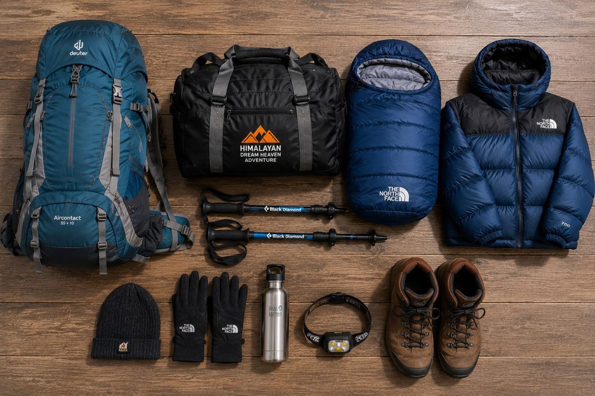 Complete Langtang Valley Trek packing list with backpack, sleeping bag, trekking poles, hiking boots, and essential trekking gear