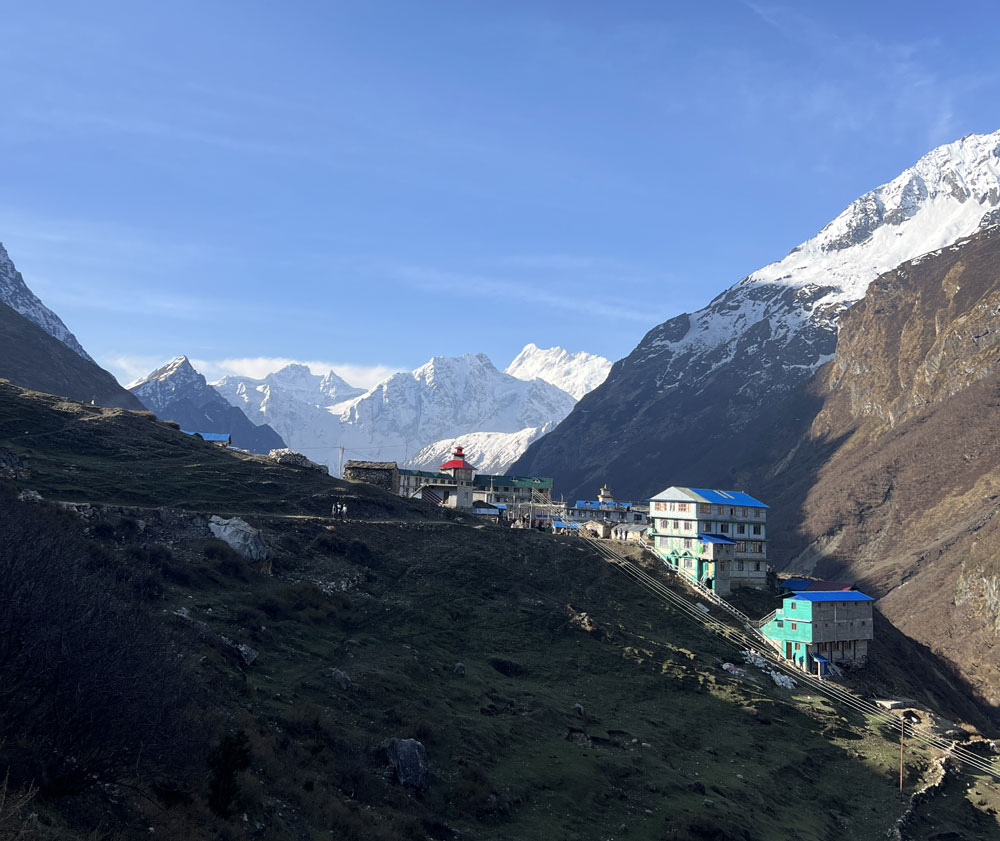 Local mountain village on the Manaslu Circuit Trek with Mount Manaslu in the background