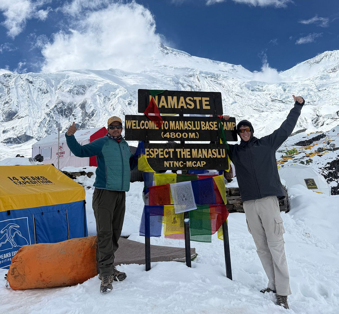 Trekkers at Manaslu Base Camp during the Manaslu Circuit Trek