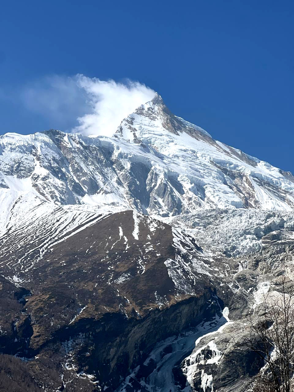 Mount Manaslu view from Manaslu Circuit Trek with snow-covered Himalayan peaks