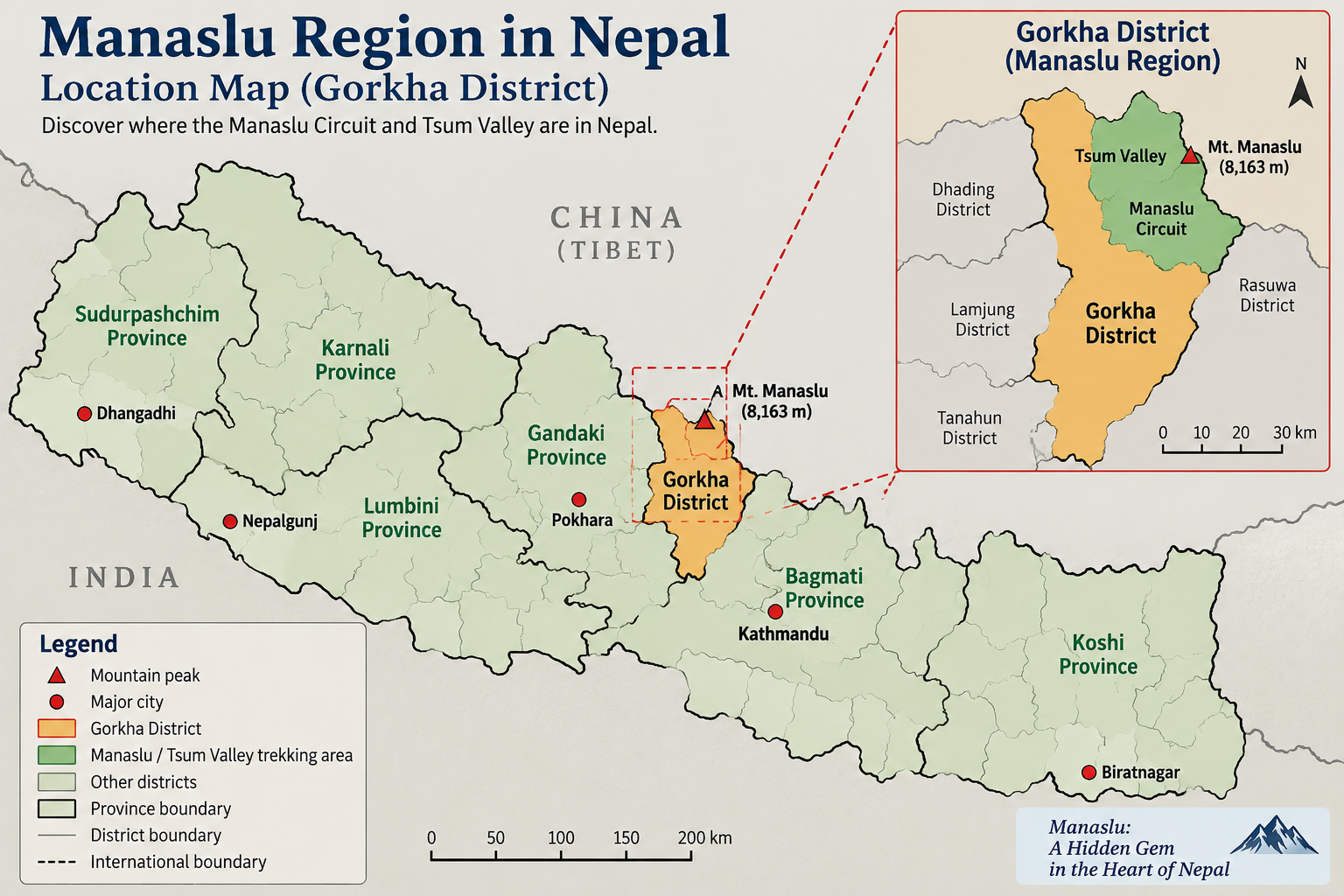 Map showing the Manaslu region in Gorkha District, Nepal