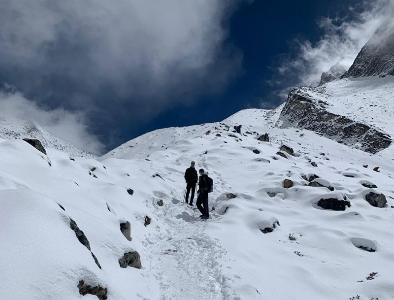 Trekkers walking toward Larkya La Pass on the Manaslu Circuit Trek