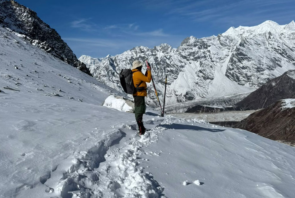 Trekker near Larkya la pass during Manaslu circuit trek