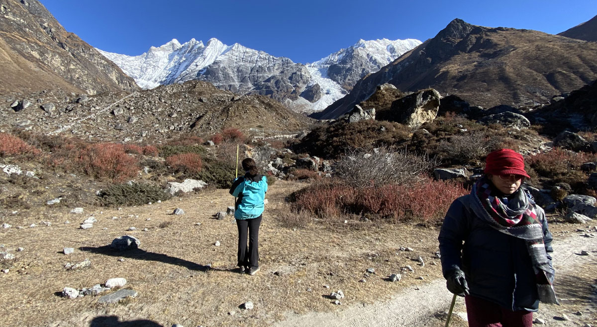 Trekkers walking on the Langtang Valley Trek in Nepal